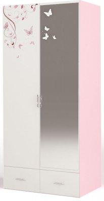 Двустворчатый шкаф ABC King Фея (зеркало, рисунок бабочки) без/со стразами Swarovski Розовый со стразами