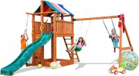 Игровой набор для детской площадки Paremo PS217-07: домик с тентом, горка с лестницей, песочница, канат, веревочная лестница, скалолазная доска и 2 качели 1